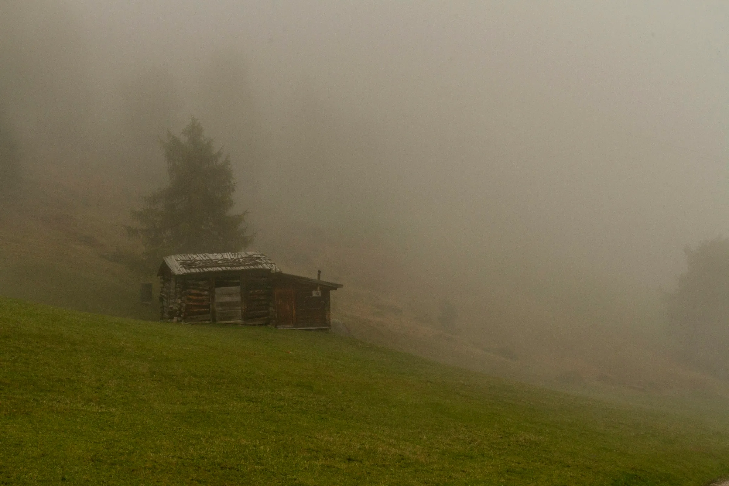 Chalé de madeira no campo, envolto pela neblina