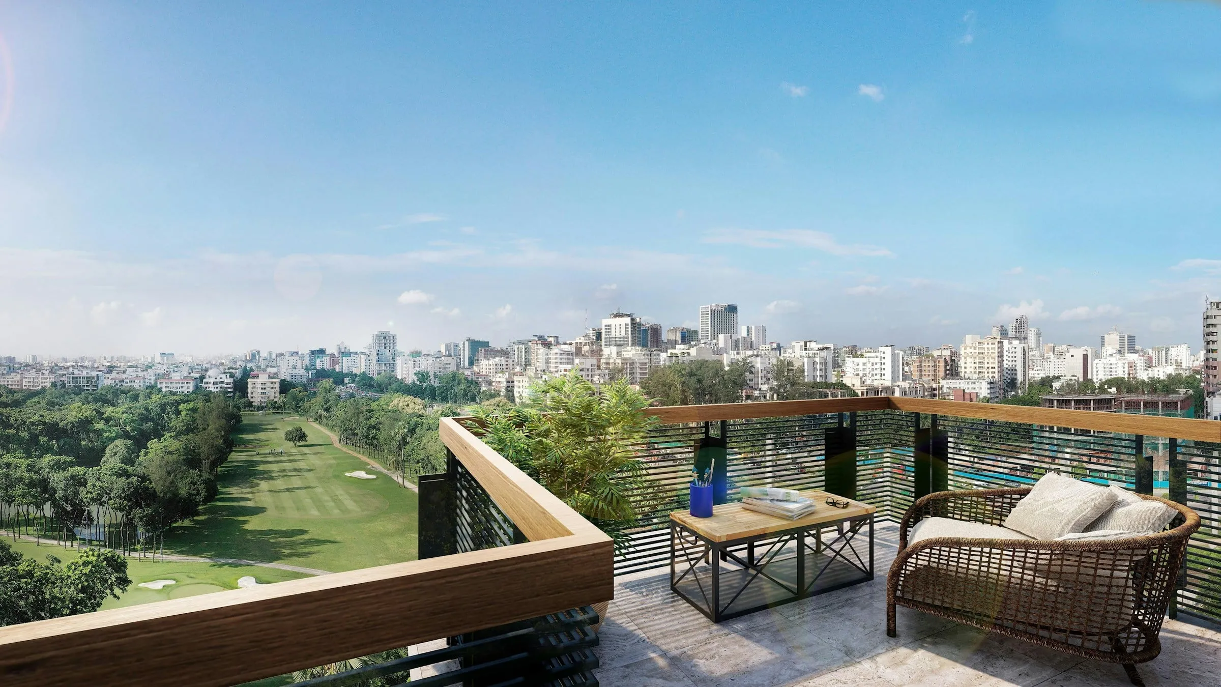 Varanda com vista para o parque e para os prédios da cidade