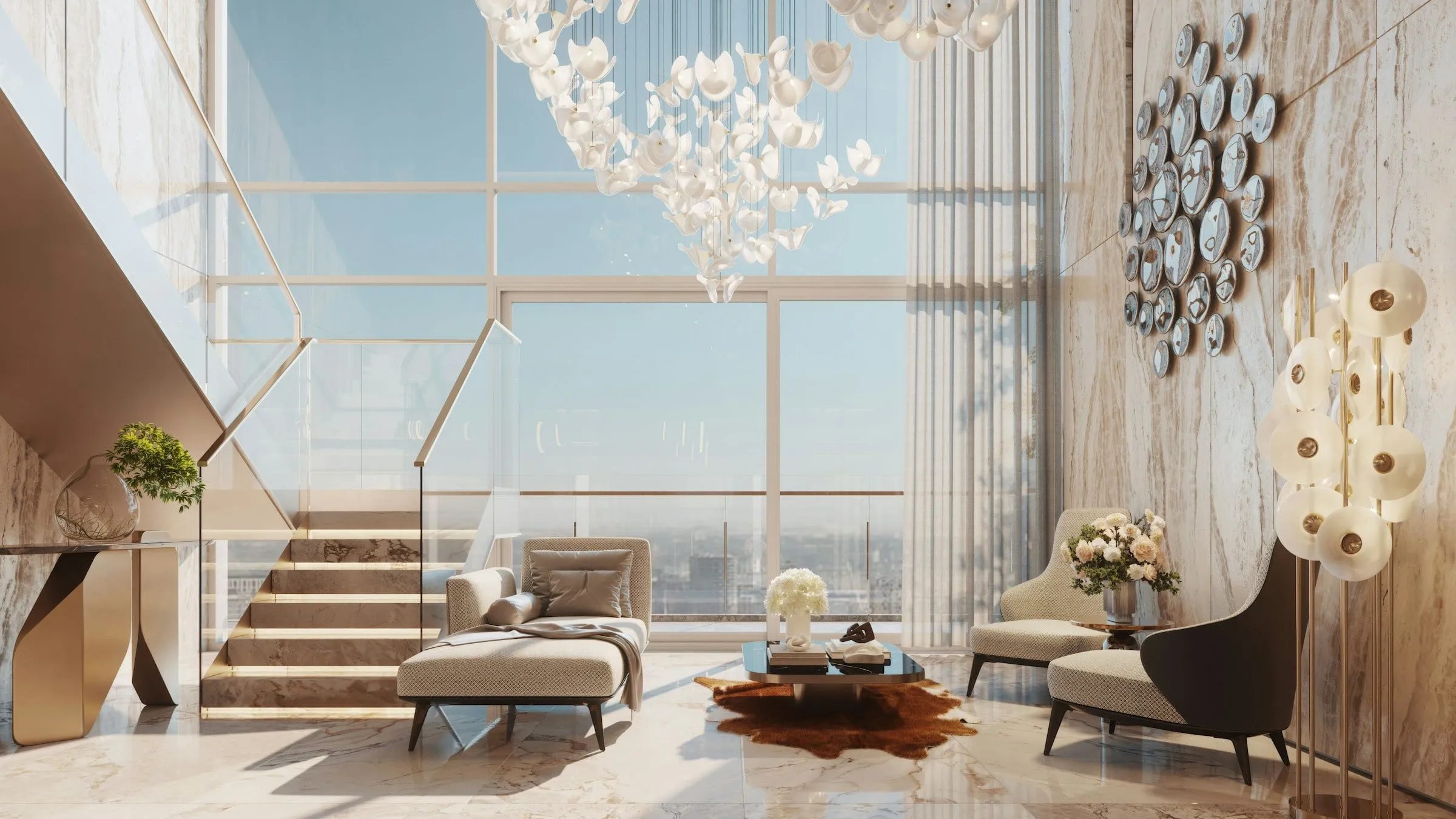 Living de apartamento com pé-direito duplo, escada escultural e janelas do piso ao teto